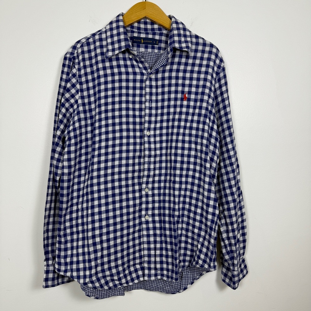 Ralph Lauren Blue Gingham Lightweight Cotton Gauze Button Down Shirt Large
